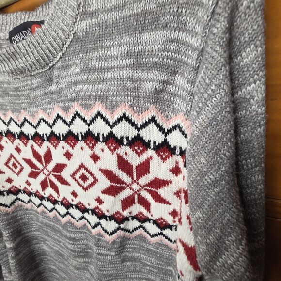 Vintage Canada Weather Gear Sweater Size L Gray Red Snowflake Fair Isle Ski - Picture 7 of 8